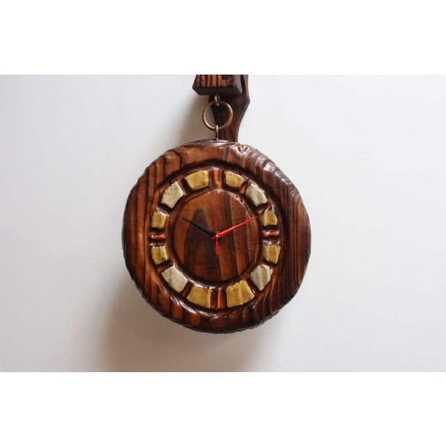 1970s Vintage Witco Tiki Burnt Cedar Hand-Painted Wall Clock With Mount For Sale - Image 5 of 11