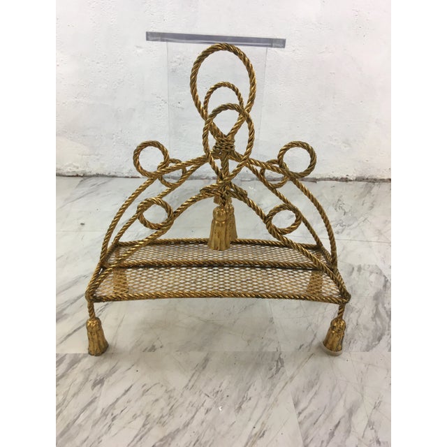 Hollywood Regency Gold Tassel Magazine Rack For Sale - Image 9 of 9