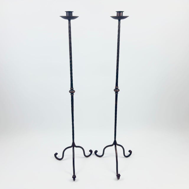 Metal Hand Forged Iron Candelabra Pair (105cm) Antique Copper Hammered Stem with Socket and Drip Plate For Sale - Image 7 of 7