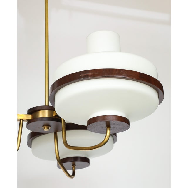 Brown 1960's Stilnovo Style Walnut and Brass Chandelier For Sale - Image 8 of 17