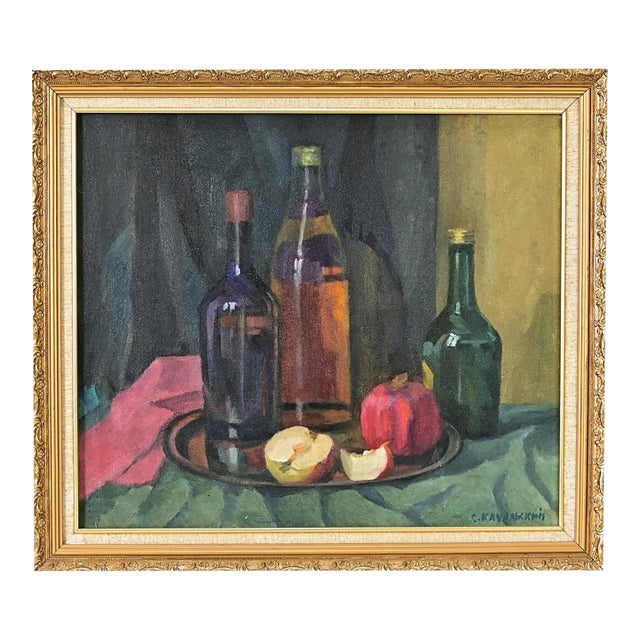 Midcentury Still-Life With Bottles & Fruit Signed Kachalsky For Sale