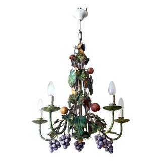 Italian Hand-Painted Fruit and Vine Chandelier with Pomegranates, 1970s For Sale