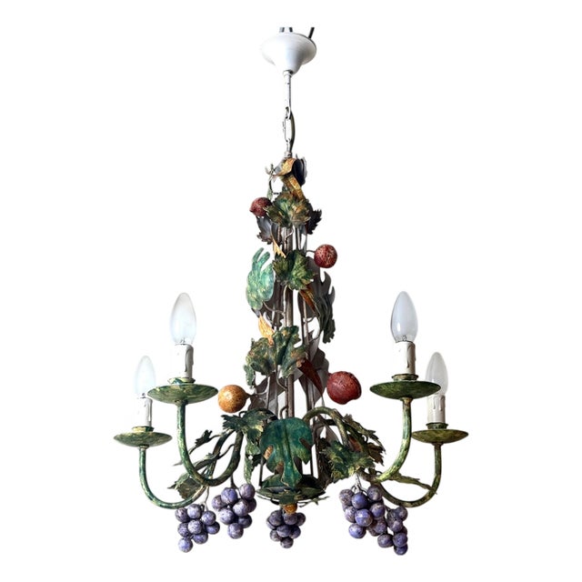 Italian Hand-Painted Fruit and Vine Chandelier with Pomegranates, 1970s For Sale