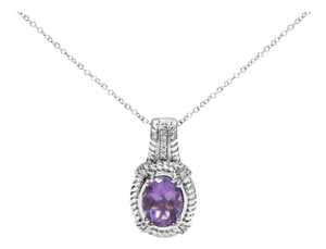 .925 Sterling Silver 9x7mm Oval Purple Amethyst and Round Diamond Accent Fashion Drop Pendant 18 Inch Necklace