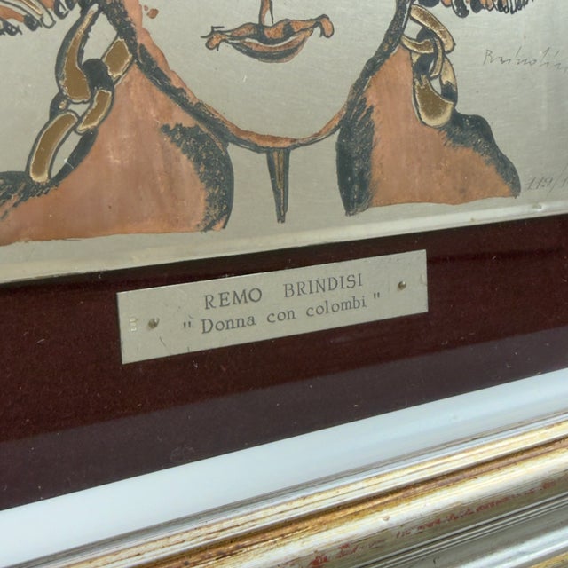 Metal Remo Brindisi, Woman with Doves, 1950s, Painting on Silver Plate, Framed For Sale - Image 7 of 11