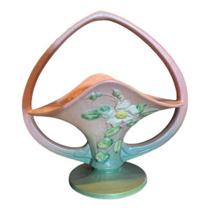 Vintage Roseville Art Pottery White Rose Floral Decorated Handled Basket