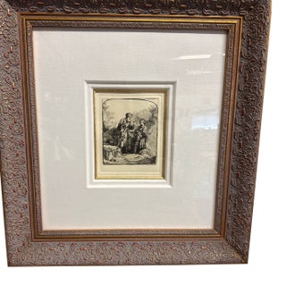 Rembrandt Van Rijn Etching of Abraham and Isaac by the Dutch Master, Created in 1645. Framed Print Gold Frame a Deep Dimensional Linen. Mat For Sale
