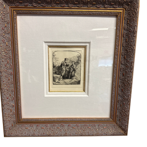 Rembrandt Van Rijn Etching of Abraham and Isaac by the Dutch Master, Created in 1645. Framed Print Gold Frame a Deep Dimensional Linen. Mat