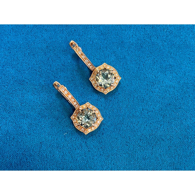 Early 21st Century Green Amethyst Prasiolite Diamond Halo Rose Gold Huggie Drop Unique Earrings, A Pair For Sale - Image 5 of 11