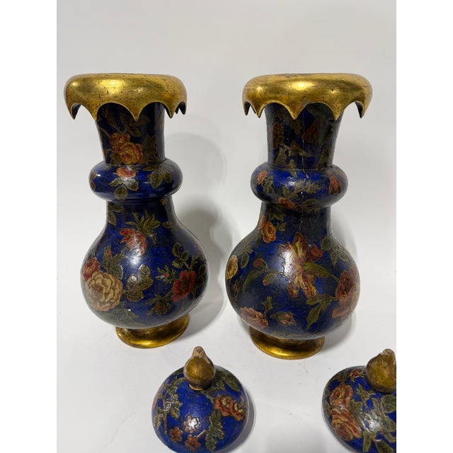 Pair, 19th Century English Brighton Pavilion Style Decoupage & Gilt Wood Vases For Sale In Providence - Image 6 of 9