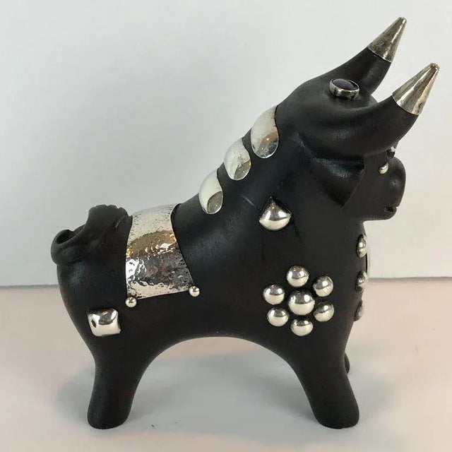 1960s Mid-Century Carved Wood and Silver Taurus Bull Sculpture For Sale - Image 10 of 11
