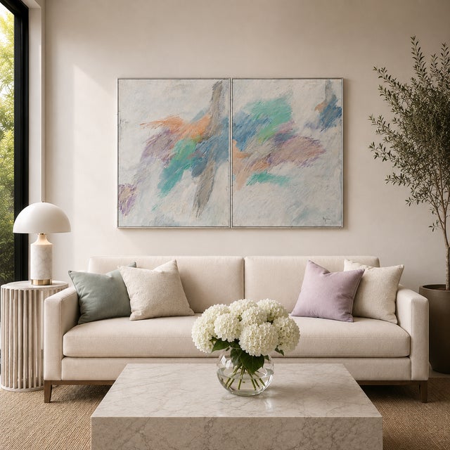 This original abstract diptych is a signed work by Marilyn Bergstrom (b. 1937, WA) — a long-established Northwest artist...