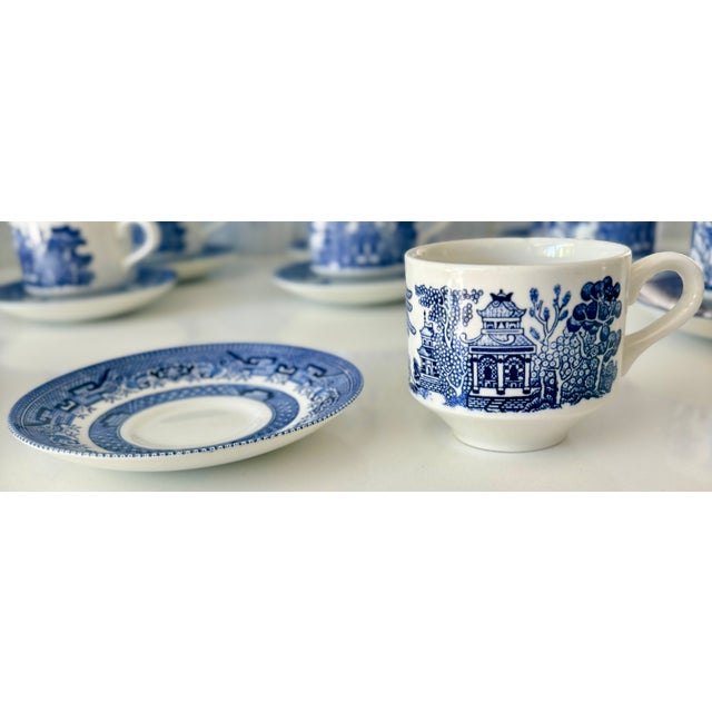 Blue Late 20th Century Blue Willow Georgian Shape Tea Cups and Saucers by Churchill of England, 18 Pieces For Sale - Image 8 of 15