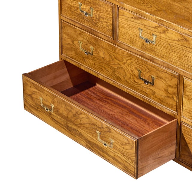 Henredon Campaign Mid Century Oak and Brass Lowboy Dresser For Sale - Image 9 of 11