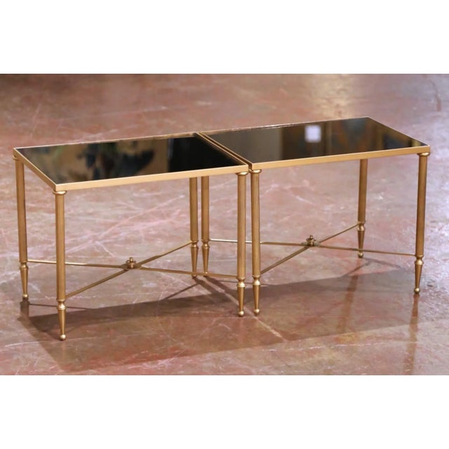Art Deco Mid-Century French Maison Baguès Style Black Glass Tops Brass Side Tables For Sale - Image 3 of 8