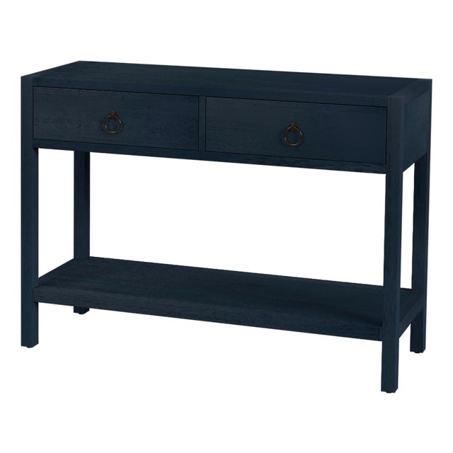 Lark 44 in. W Rectangular Wood 2 Drawer Console Table with Lower Open Shelf, Navy Blue For Sale