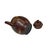 This is a charming, somewhat globular earthenware teapot featuring a rich, mottled maroon or reddish-brown body. The...