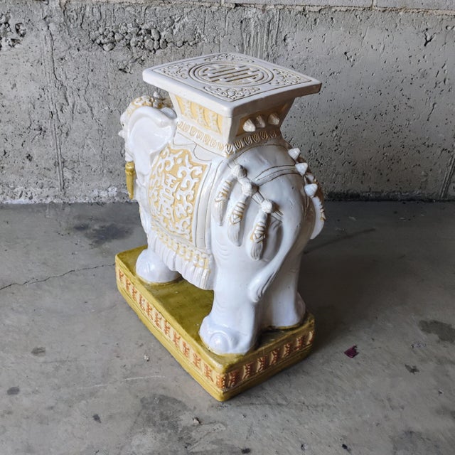 Mid-Century Modern Mid 20th Century Hollywood Regency Gold & White Ceramic Elephant Garden Seat Plant Stand For Sale - Image 3 of 7