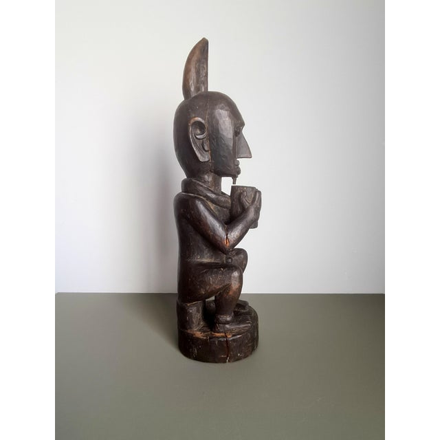 Black Vintage African Wooden Horned Figure Sculpture Tribal Art Hand Carved Wood Statue, 1970 For Sale - Image 8 of 9