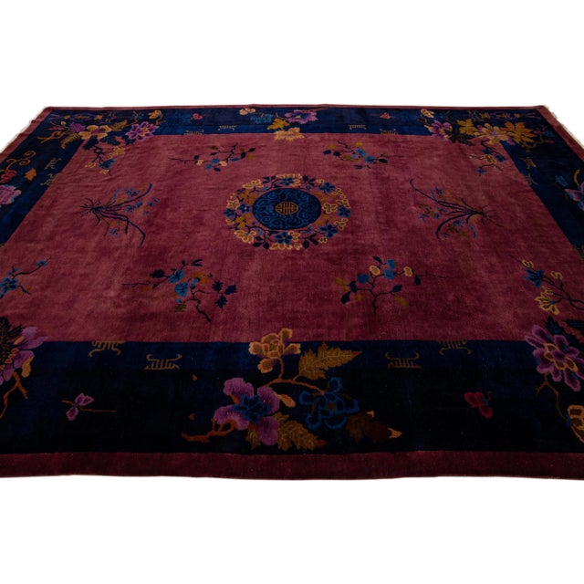 1920s Burgundy Antique Art Deco Handmade Chinese Floral Motif Wool Rug For Sale - Image 5 of 10