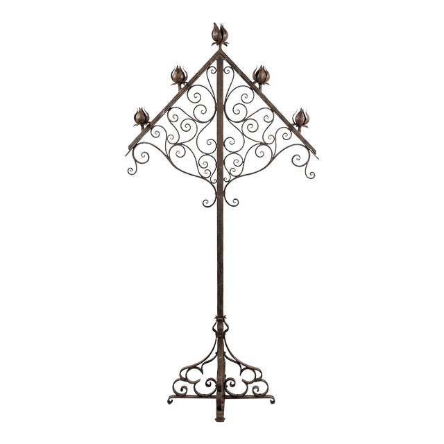 Vintage Italian Hand-Wrought Iron Floor Candelabra - Five-Light Scrollwork Pricket Stand For Sale