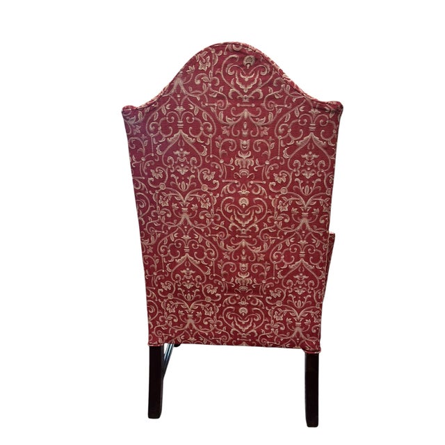 Elegant Queen Anne Wingback Chair in Coral Damask Upholstery With Carved Mahogany Frame For Sale - Image 10 of 12