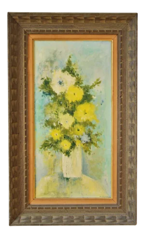 Vintage Framed Mid-Century Flower Painting on Canvas "White Vase" by Emily Whaley