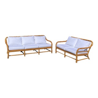 McGuire Twisted Rattan Vintage Sofa & Loveseat Set With New Serena & Lily Upholstery For Sale