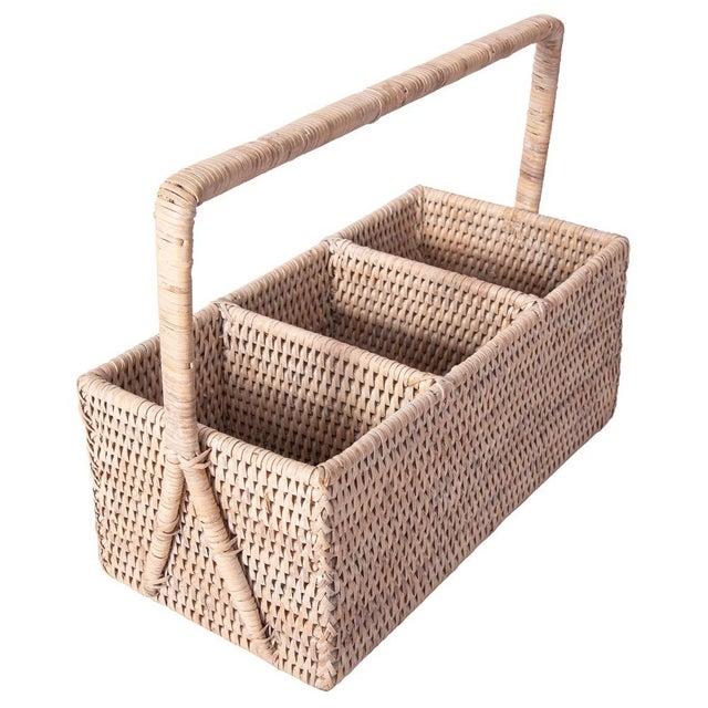 Artifacts Rattan 3 Section Caddy/Cutlery Holder with Handle in White Wash For Sale In Houston - Image 6 of 10