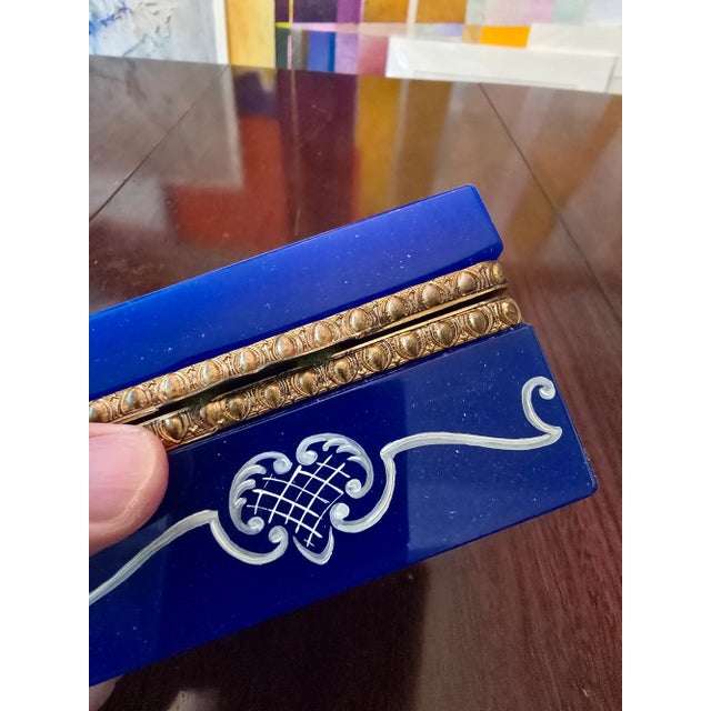 Blue 1910s Antique Blue Opaline Jewel Box With Enamel Love Scene For Sale - Image 8 of 11