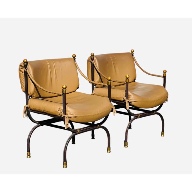 Campaign Pair of Curule Leather and Brass Campaign Armchairs Styled After Steve Chase For Sale - Image 3 of 18