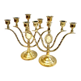 Pair Hollywood Regency Brass 5-Arm Candelabras With Carved Bone Medallions – Vintage Brass Candle Holders For Sale