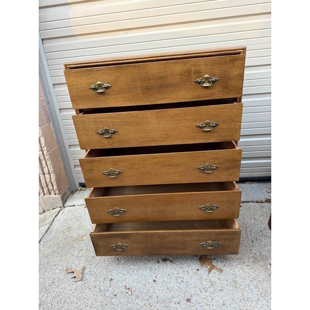 Wood Vintage Walnut and Maple 5 Drawer Tall Chest of Drawers. For Sale - Image 7 of 11