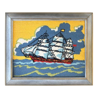 Vintage Colorful Framed Needlepoint Ship For Sale