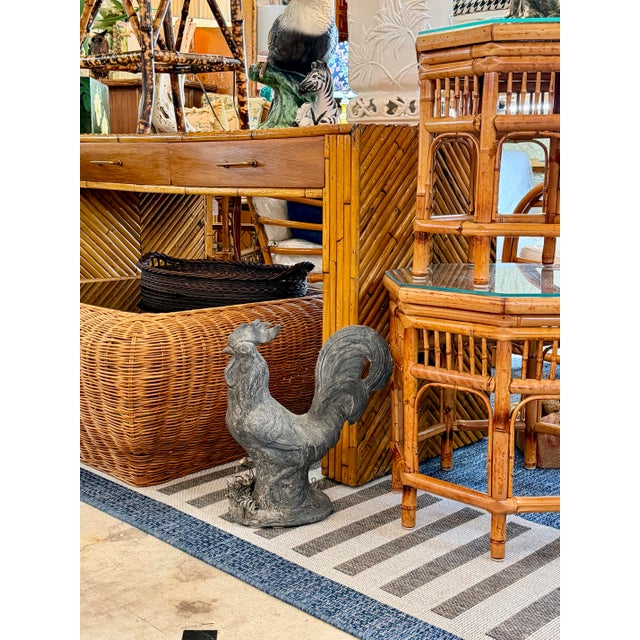Vintage French Style Cast Iron Rooster Garden Statue With Wrought Iron Floral Base For Sale - Image 12 of 12