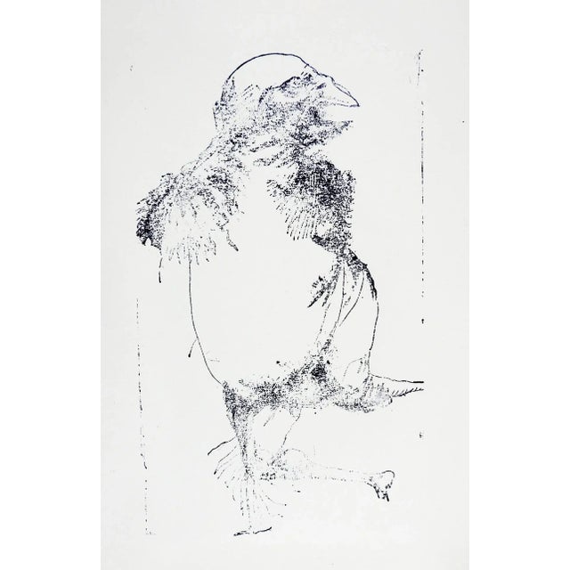 Large vintage relief printing block of etched metal mounted on wood block. Man with grotesque bird head and wings. Very...