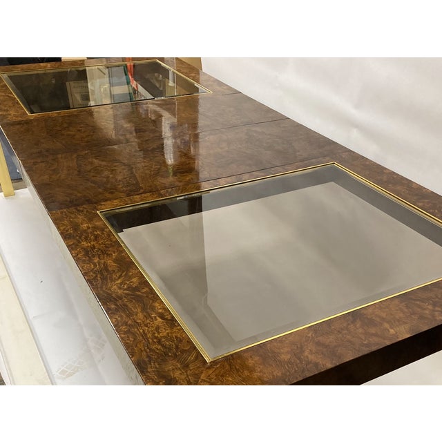 Late 20th Century Vintage Burled Walnut & Glass Dining Table With Brass Legs and 2 Leaves For Sale - Image 5 of 6