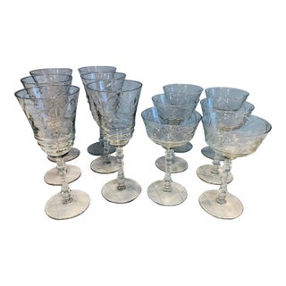 Vintage Etched Crystal Wine & Cocktail Glasses – Set of 12 For Sale