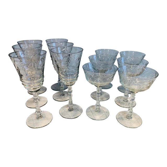 Vintage Etched Crystal Wine & Cocktail Glasses – Set of 12 For Sale