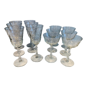 Vintage Etched Crystal Wine & Cocktail Glasses – Set of 12