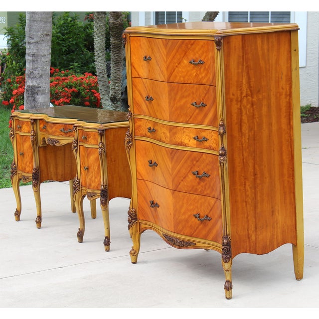 Magnificent Vintage French Provincial Louis XV Rococo Satinwood & Burl Wood Vanity and Tall Boy Chest Set For Sale - Image 4 of 18