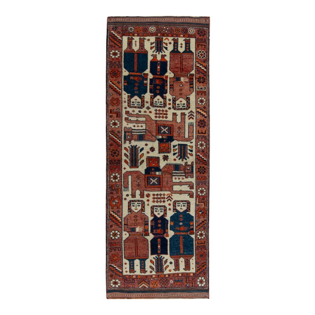 1950s Vintage Tribal Rug in Terracotta, Blue and Orange Pictorial Motifs For Sale