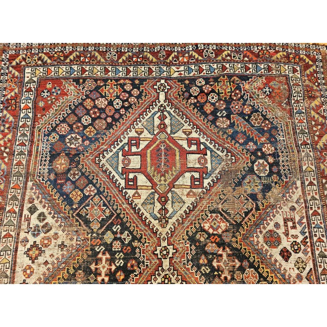 Vintage Persian Qashqai Tribal Area Rug, Hand-Knotted Wool, Geometric Medallions, 4x7, Navy & Red For Sale - Image 12 of 18