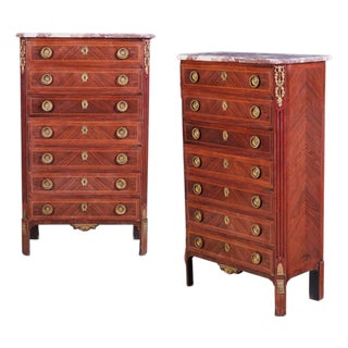 Pair of 19th Century French Louis XVI Gilt-Bronze & Parquetry Marble-Top Semainiers For Sale