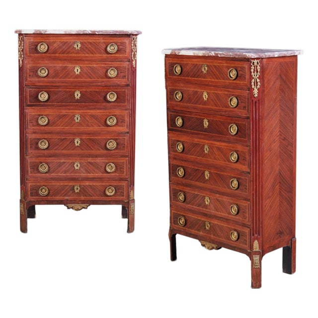 Pair of 19th Century French Louis XVI Gilt-Bronze & Parquetry Marble-Top Semainiers For Sale
