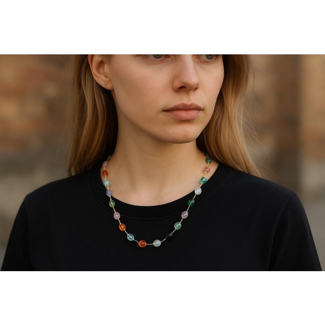 Metal 14k Yellow Gold 36" Pearl and Multi-Gemstone Layering Necklace For Sale - Image 7 of 9