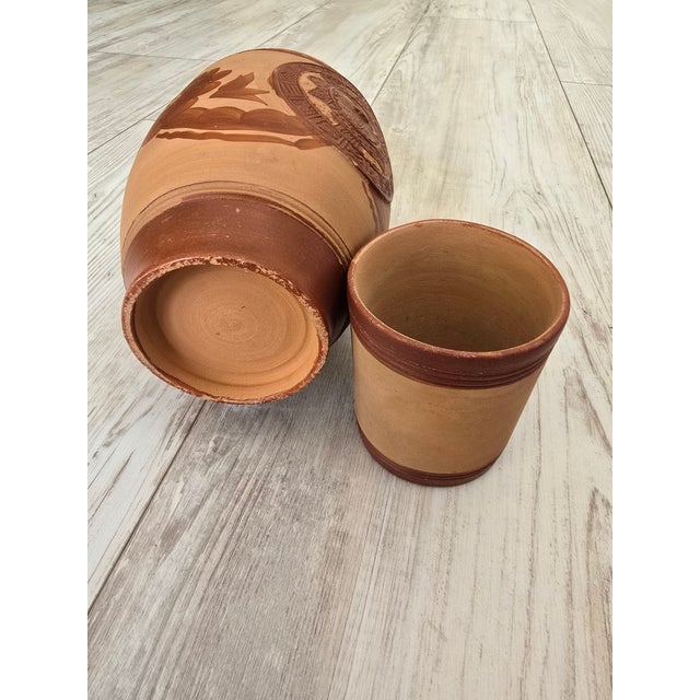 Vintage Folk Art Cuernavaca Mexican Folk Art Terracotta Botellón & Cup Set - 2 Pieces For Sale - Image 9 of 12