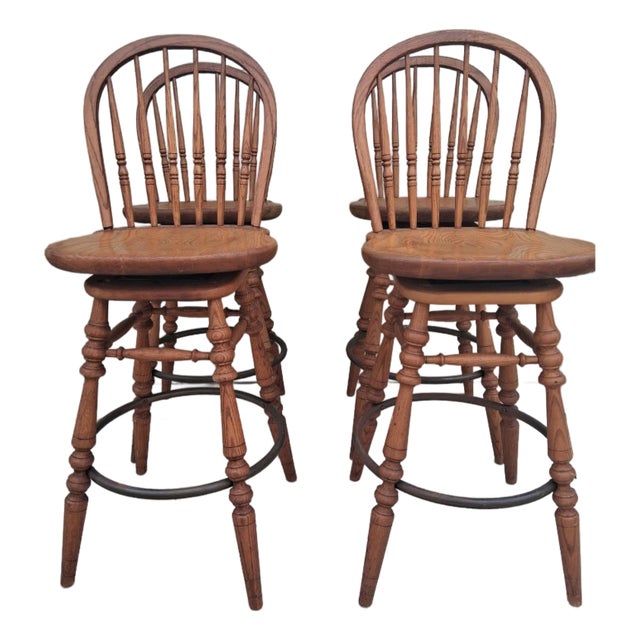 1950's Vintage American Colonial Solid Oak Swivel Bar Stools by Ethan Allen Set of 4 For Sale