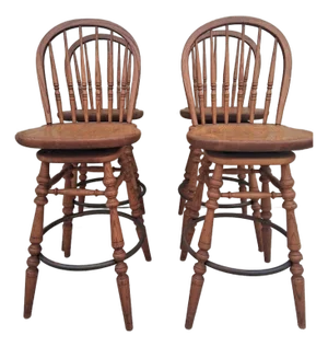 1950's Vintage American Colonial Solid Oak Swivel Bar Stools by Ethan Allen Set of 4