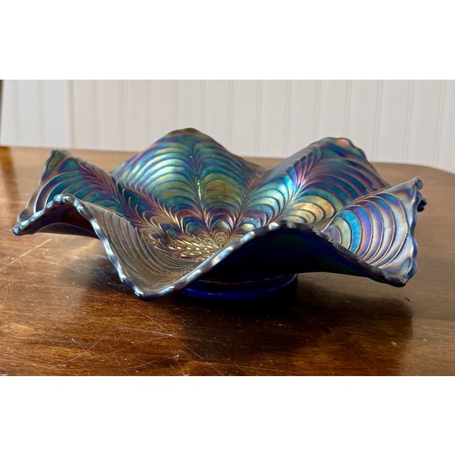 1910s Fenton Peacock Tail Blue Ruffled Dish For Sale - Image 6 of 12